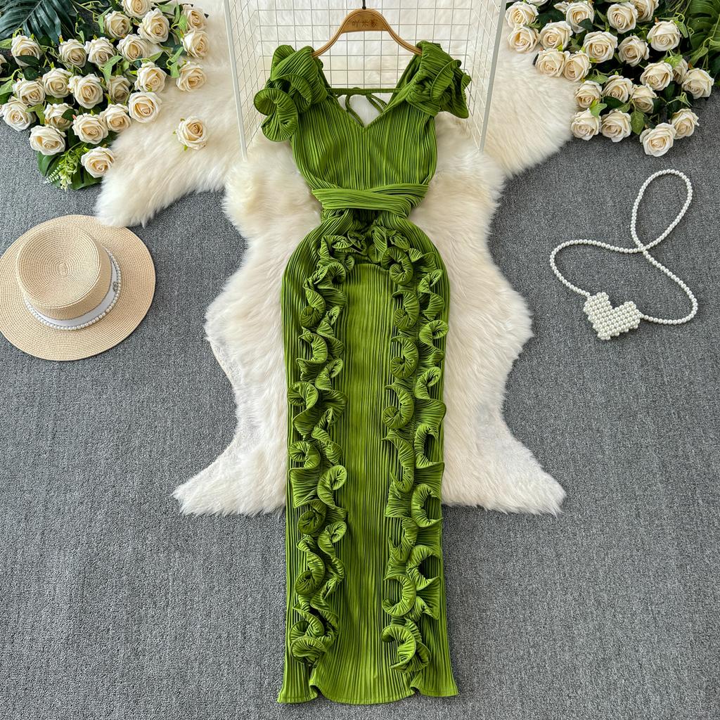 YYFS Women's Fashion Summer Spring Solid Color Print Short Sleeve V-Neck High Waist Casual Dresses