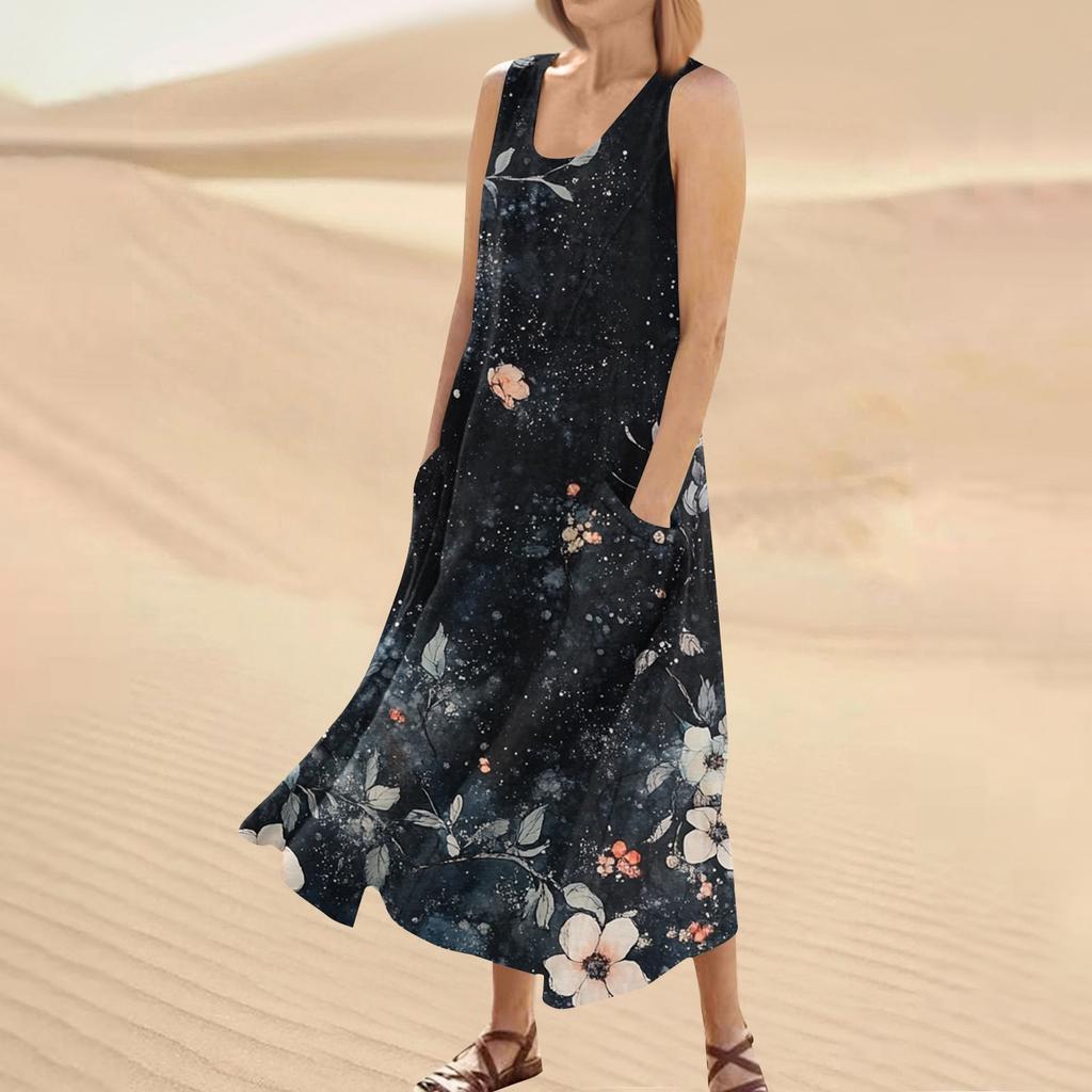 Robe d'été décontractée pour femmes, imprimé floral, sans manches, col rond, poches