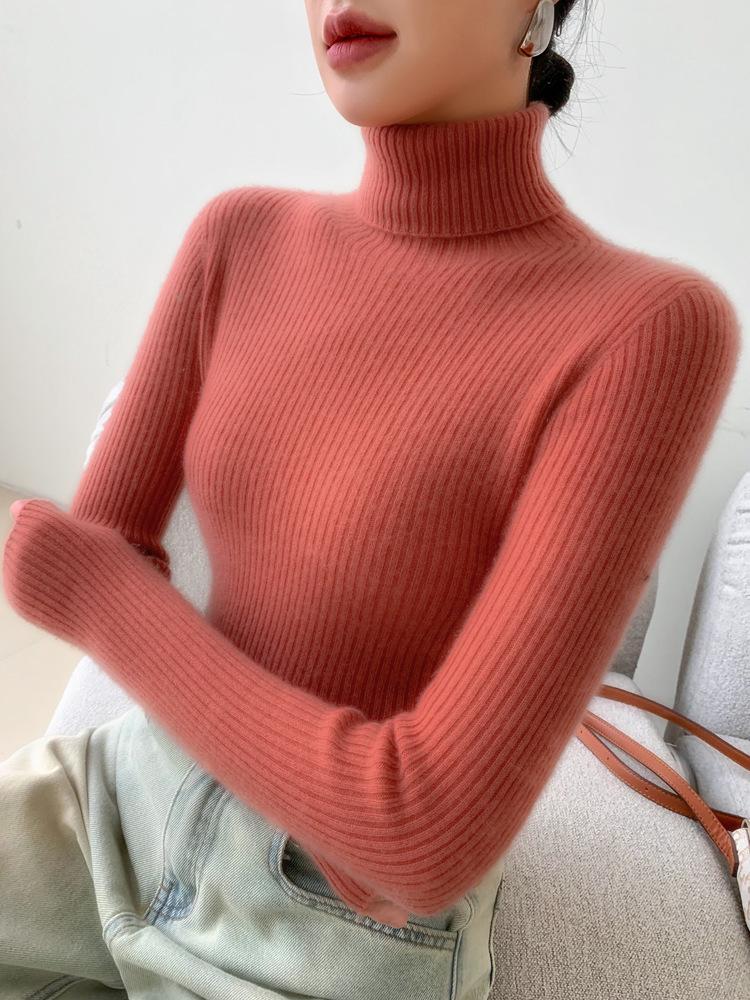 Women's Seamless Cashmere High-Neck Ribbed Sweater, Slim Fit, Body-Shaping, Slouchy Neck, Knit.