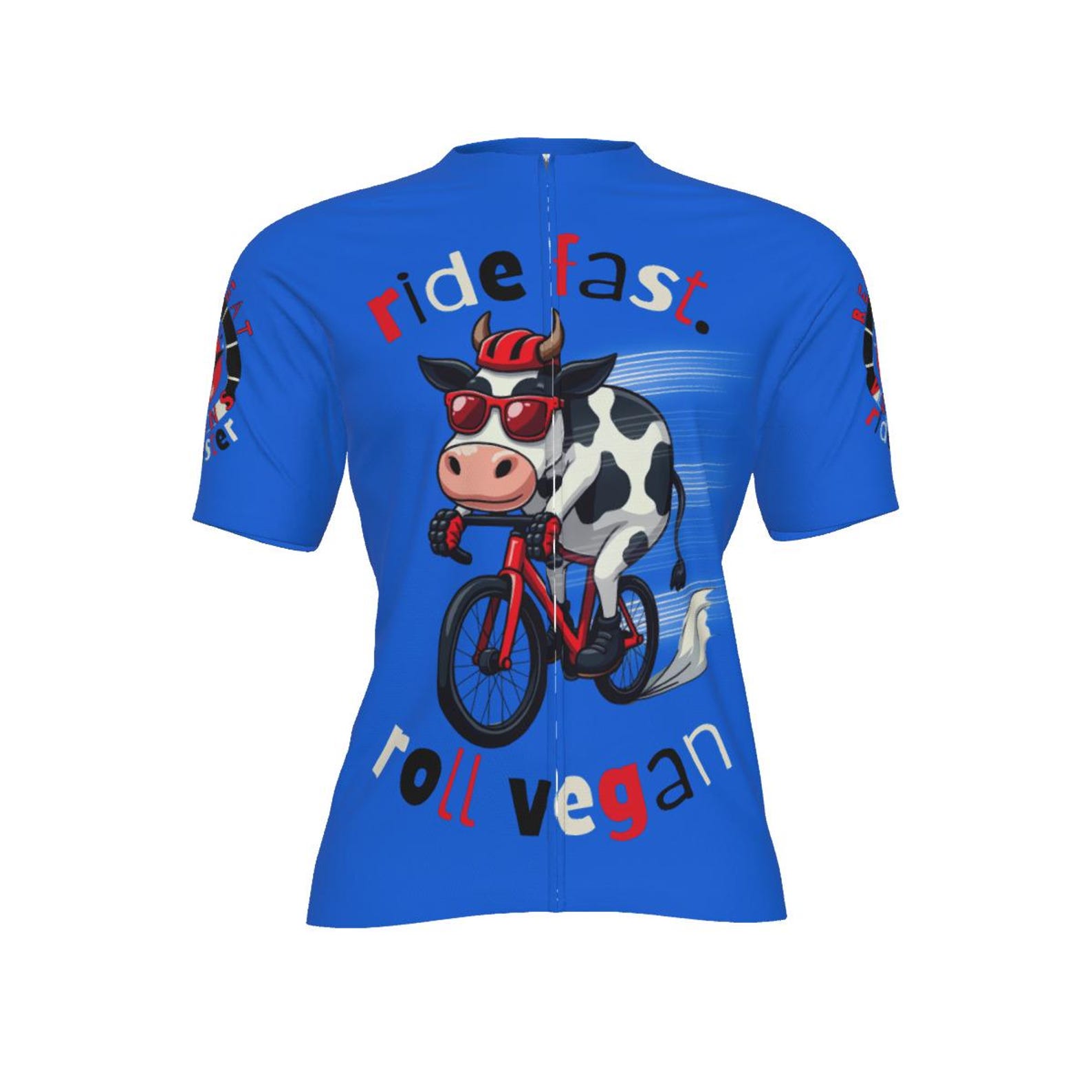 Ride Fast Roll Vegan Cycling Jersey – Funny Cow on Bike, Plant-Based S