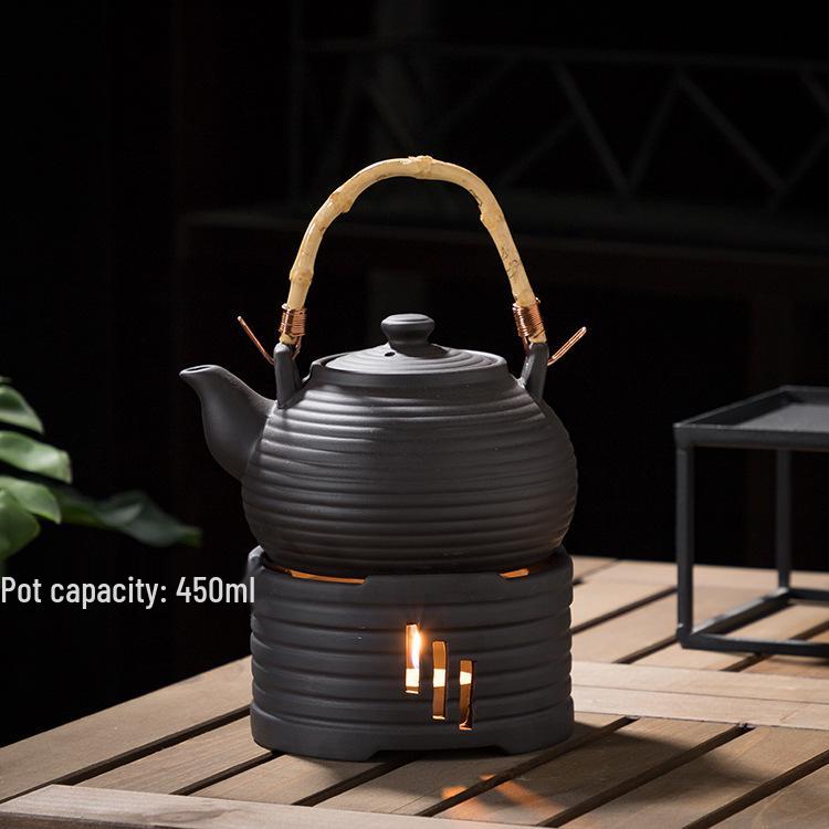 Retro Japanese Ceramic Tea Set with Candle Warmer and Flower Teapot