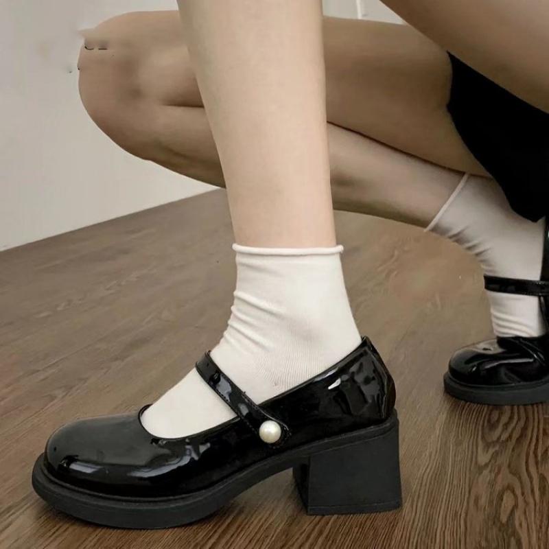 Versatile Round Toe Chunky Heel British Style Black Retro Small Leather Shoes for Women New Shallow Mouth French Mary Jane Shoes