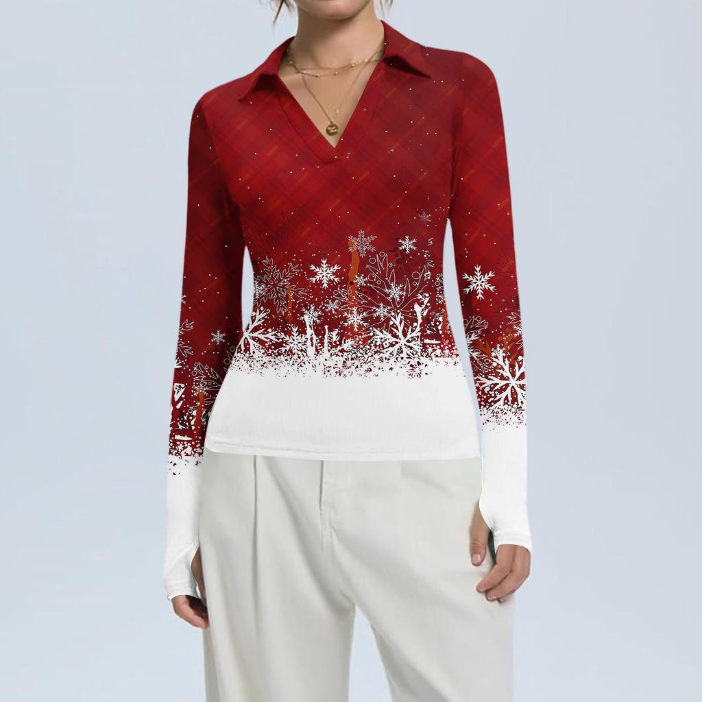Damenmode Lässig Weihnachts-Print V-Ausschnitt Langarm Knopfleiste Oberteil