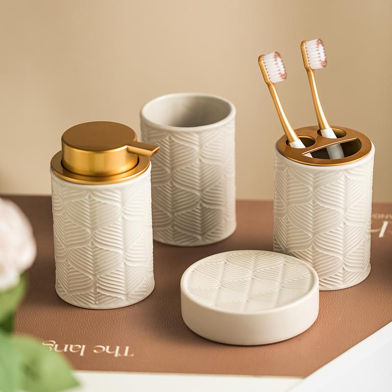 European Style Ceramic Lotion Bottle Toothbrush Cup Soap Dish Bathroom Washing Set Embossed 3D Makeup Remover Storage Bottle