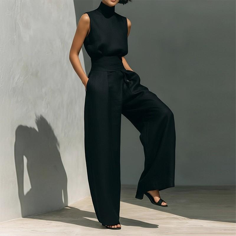 Womens 2026 Casual Solid Color Sleeveless High-Waist Straight Leg Pant Set Elegant Office Wear