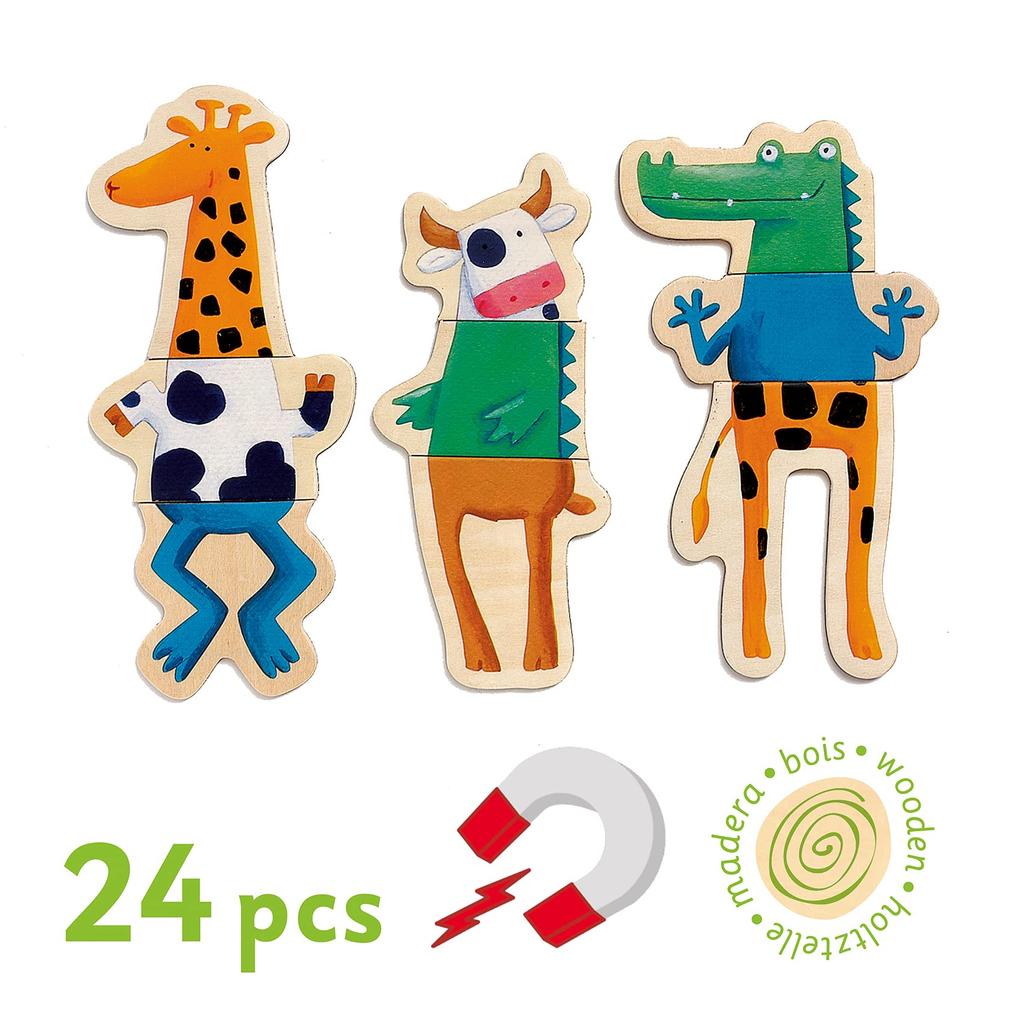 DJECO Crazy Animal Magnets, Educational Toy, Wooden Puzzle, Educational Magnetic Whiteboard, Nordic Montessori Style, Ages 2, 3, 4, 5, 6, Boys and