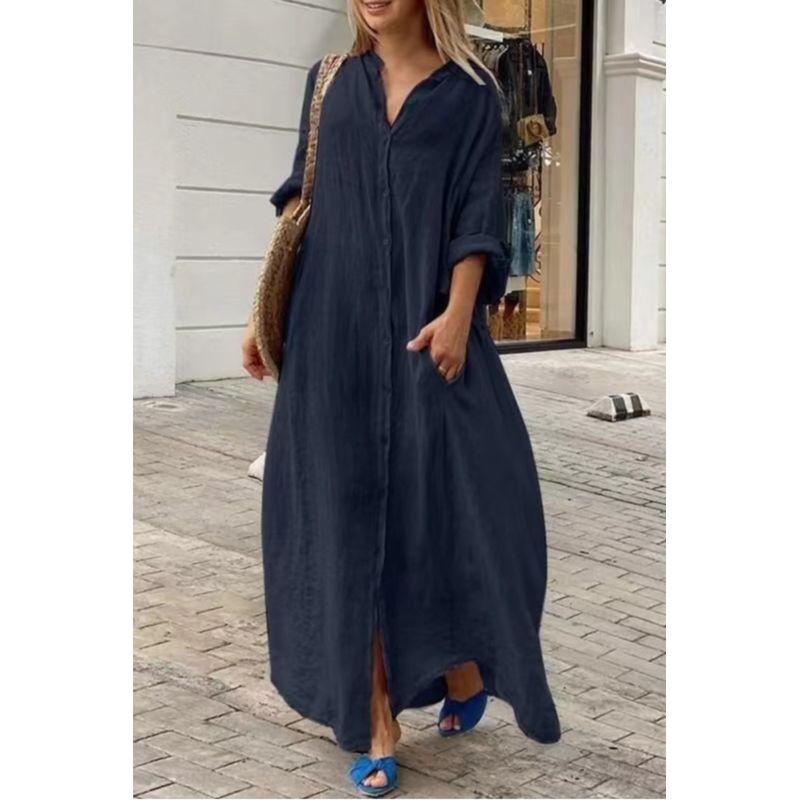 

New Fall Women s Clothing Fashion Style Pure Color Single Breasted Loose Fit Slimming Shirt Dress Pocket Long Shirt Navy 4XL
