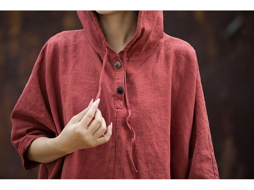 Women's Cotton Linen Hooded Frog Button T-shirt - Autumn/Winter Short Sleeve Sun Protection