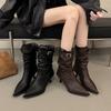 Temperament Pleated Piled Boots Women's Autumn and Winter New Pointed Toe Thin Heel Medium Boots Belt Buckle High Heel Thin Boots