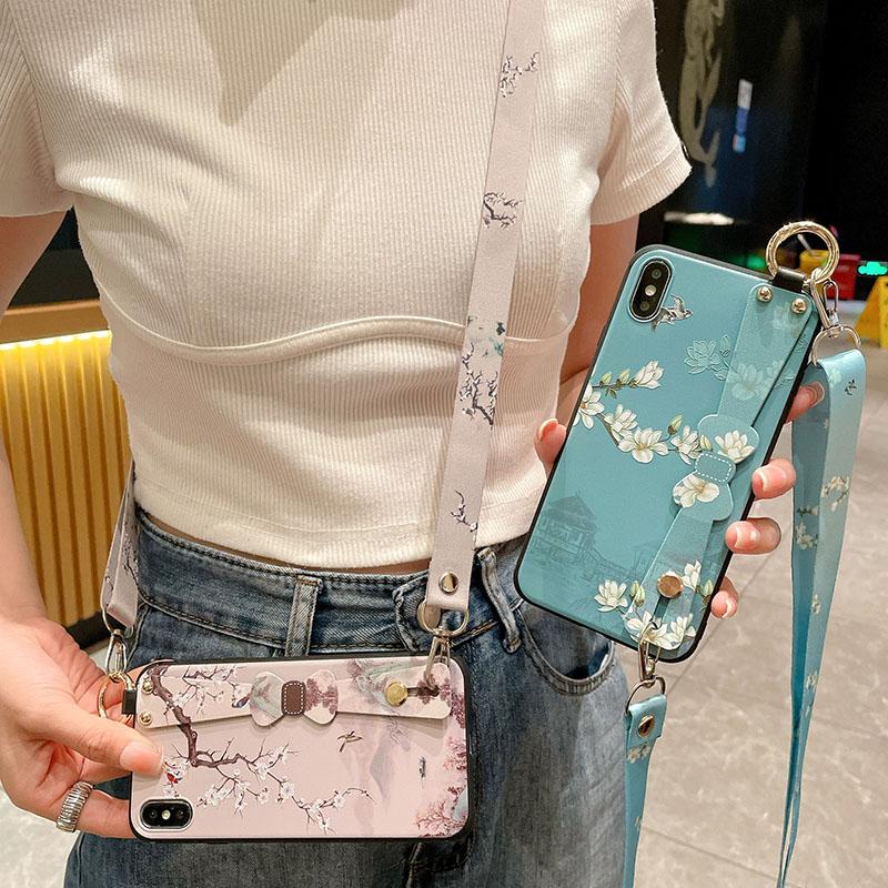 Crossbody Lanyard Case For iPhone 15 16 14 13 12 11 Pro Max 16E 17 Xs XR 7 8 Plus Flower Bow Neck Wrist Strap Phone Holder Cover