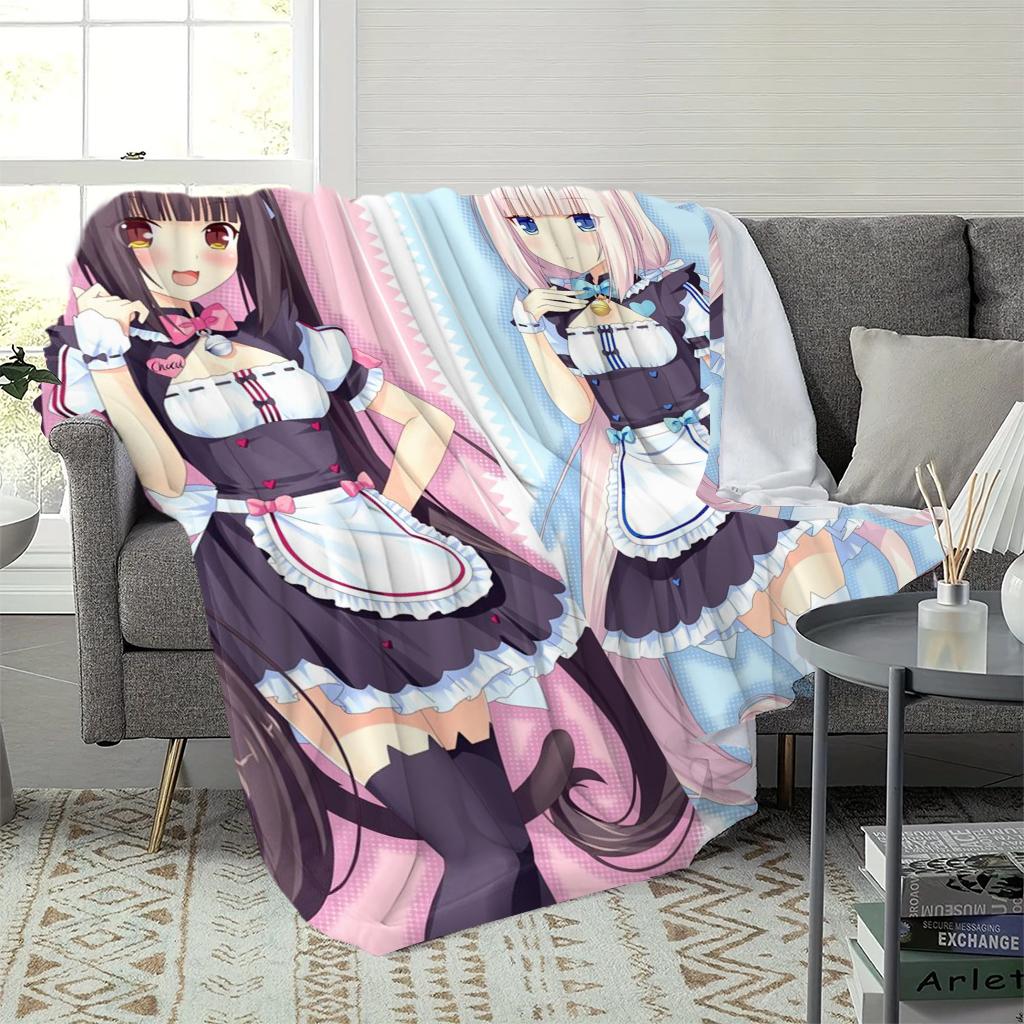 Nekopara Chocola  Vanilla Throw Blanket, Anime Cat Girl Flannel Blanket, Cute Maid Cosplay, Soft Warm for Otaku Bedroom 75cmx90cm