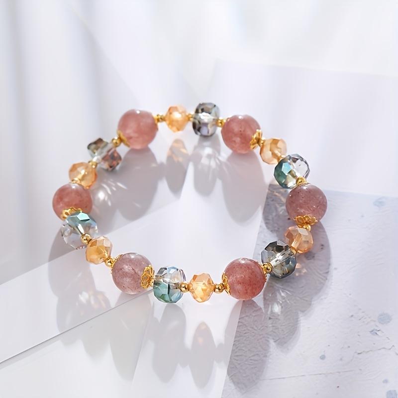 Bohemian Style Lucky Bracelet with Pinkish-Purple Glass Beads & Multicolor Artificial Crystal Accents - Unisex Fashion Jewelry for Daily Wear