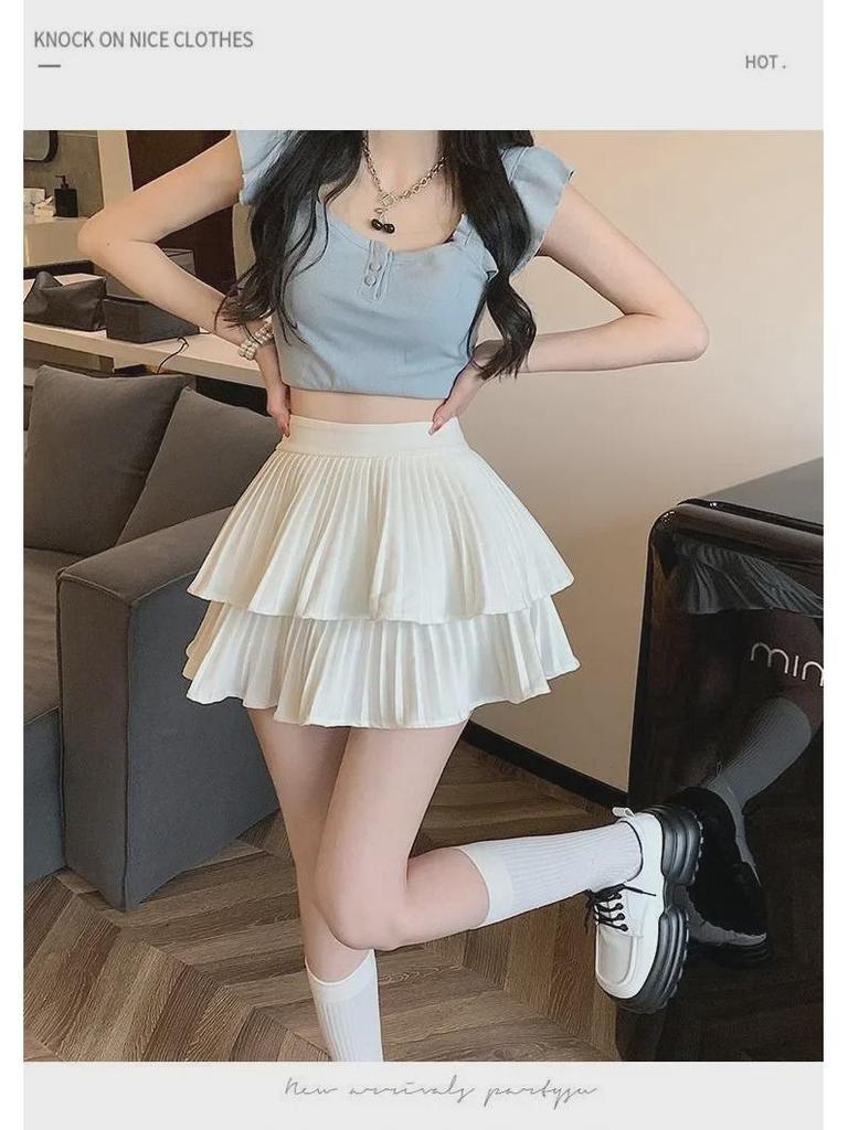 Fustă plisată cu strat dublu, cu talie înaltă, inspirată de balet - Dulce și drăguță, Slim, Anti-expunere, Stil de vară