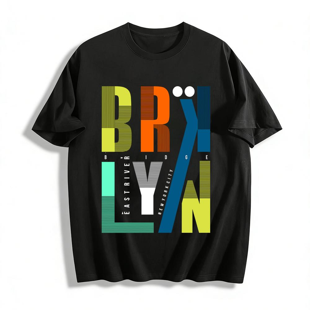 Brooklyn Color Block Letter Print Casual Cotton T-Shirt Pure cotton T-shirt XXS