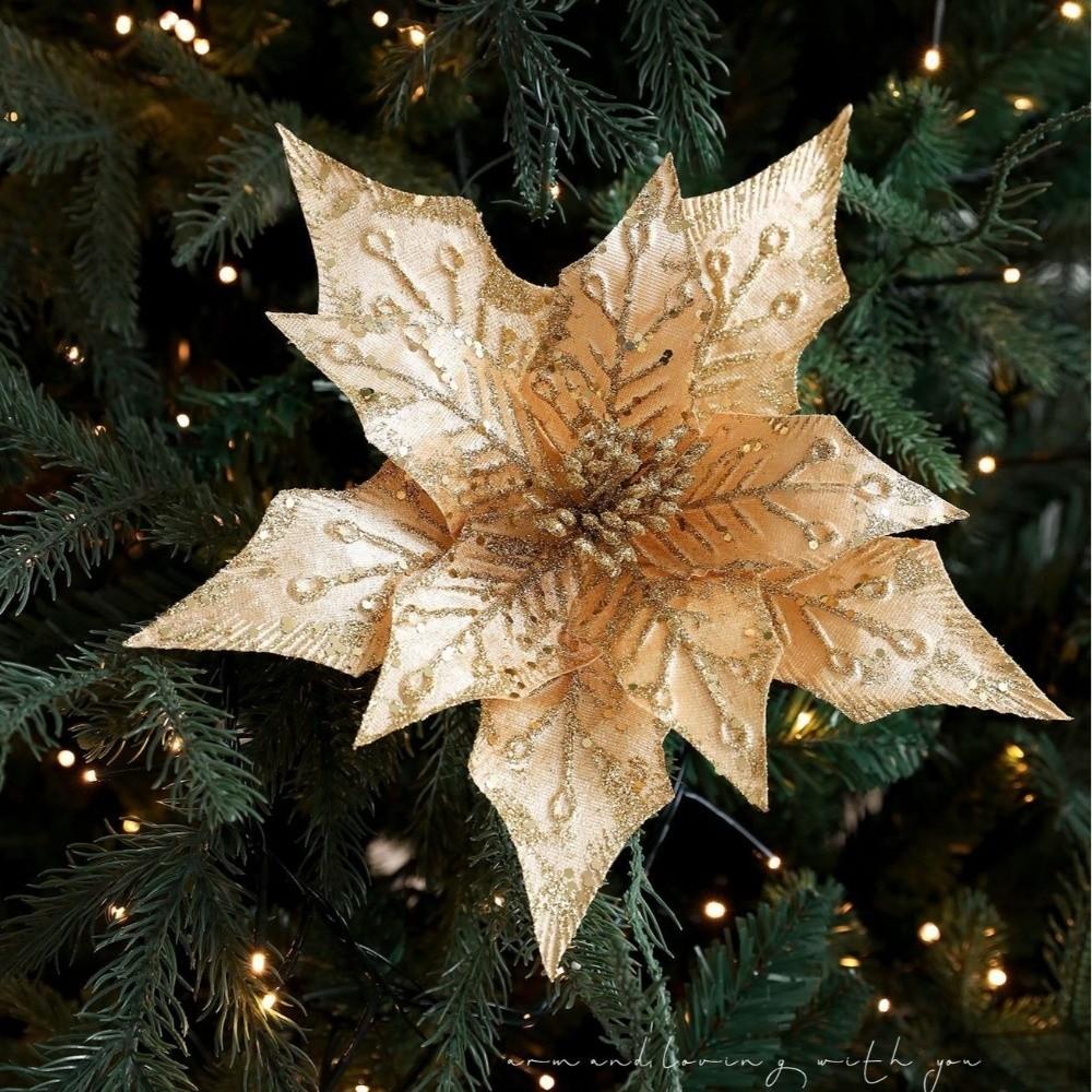 29CM Artificial Poinsettia Flower Gold Red Glitter Sequins Christmas Glitter Flower Sparkling Simulation Flowers
