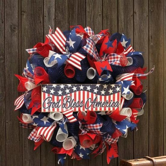 Wooden 4th of July Door Sign for Front Door, Red White Blue Patriotic Hanging Wreath for Independence Day, 250th Anniversary, Home Porch Wall Indoor