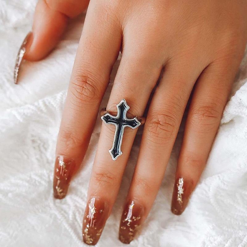 

Vintage Punk Enamel Rings for Men Women Hip Hop Rock Exaggerated Black Drop Oil Cross Finger Ring Zircon Gifts