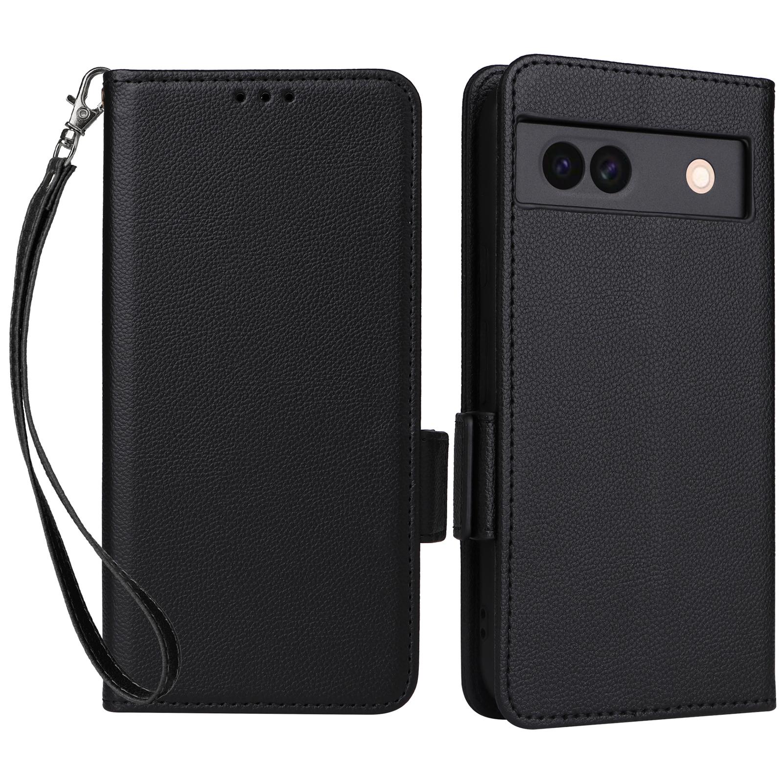 

For Google Pixel 8a Case Shockproof Wallet Phone Case Litchi Texture PU Leather Flip Cover with Strap Black