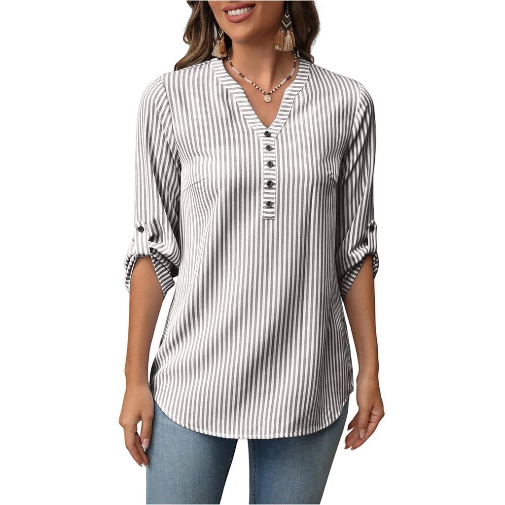 Women Casual Half Placket V Neck Three Quarter Sleeve Striped Blouse Relaxed Fit Versatile Tunic Top for Everyday Wear
