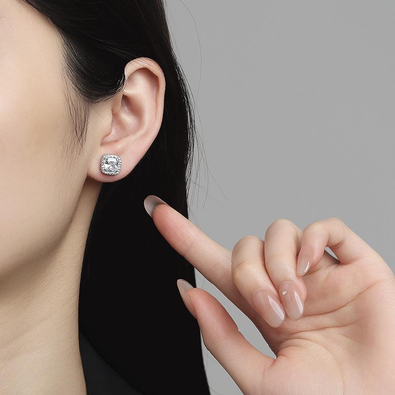 S925 Silver American Square Zircon Stud Earrings Women's Trend Ins Men's Ruffian Handsome Niche European and American Hip-hop Full Diamond Earrings