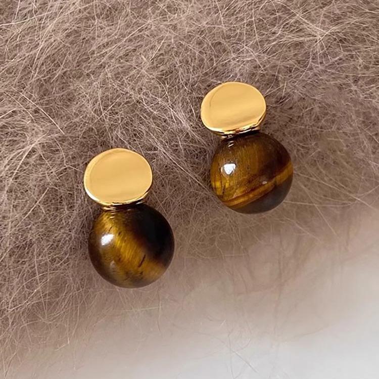 Серебряные серьги-гвоздики с тигровым глазом, покрытые золотом - Ретро, Универсальные, Дизайн высокого класса