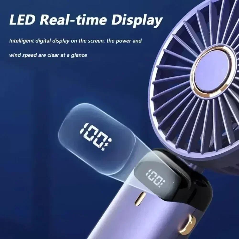 USB-Handventilator, Mini-Ventilator, faltbar, tragbar, zum Aufhängen am Hals, wiederaufladbarer USB-Ventilator mit 5 Geschwindigkeiten, mit Telefonständer und Anzeigebildschirm
