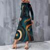 Women Plus Size V Neck Long Sleeve Colorful Printed Pockets A Line Midi Dress