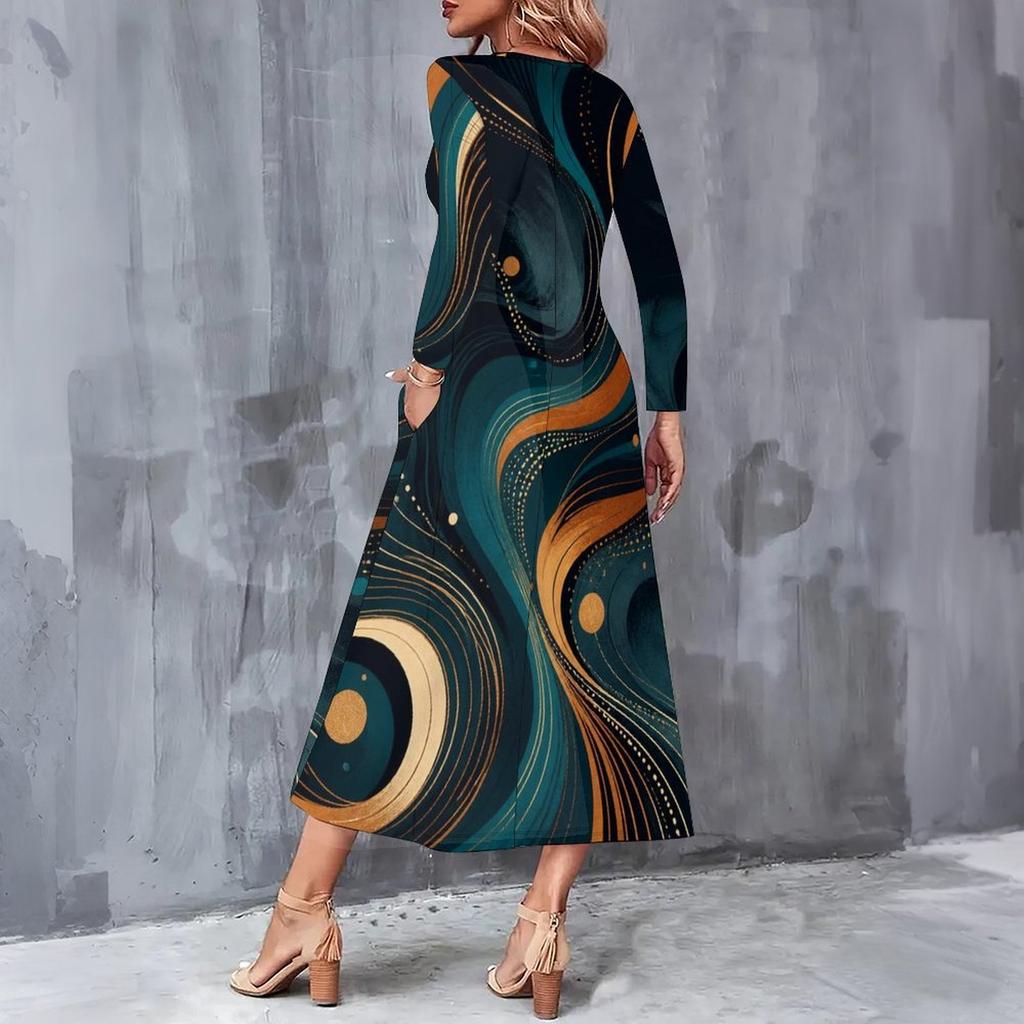 Women Plus Size V Neck Long Sleeve Colorful Printed Pockets A Line Midi Dress