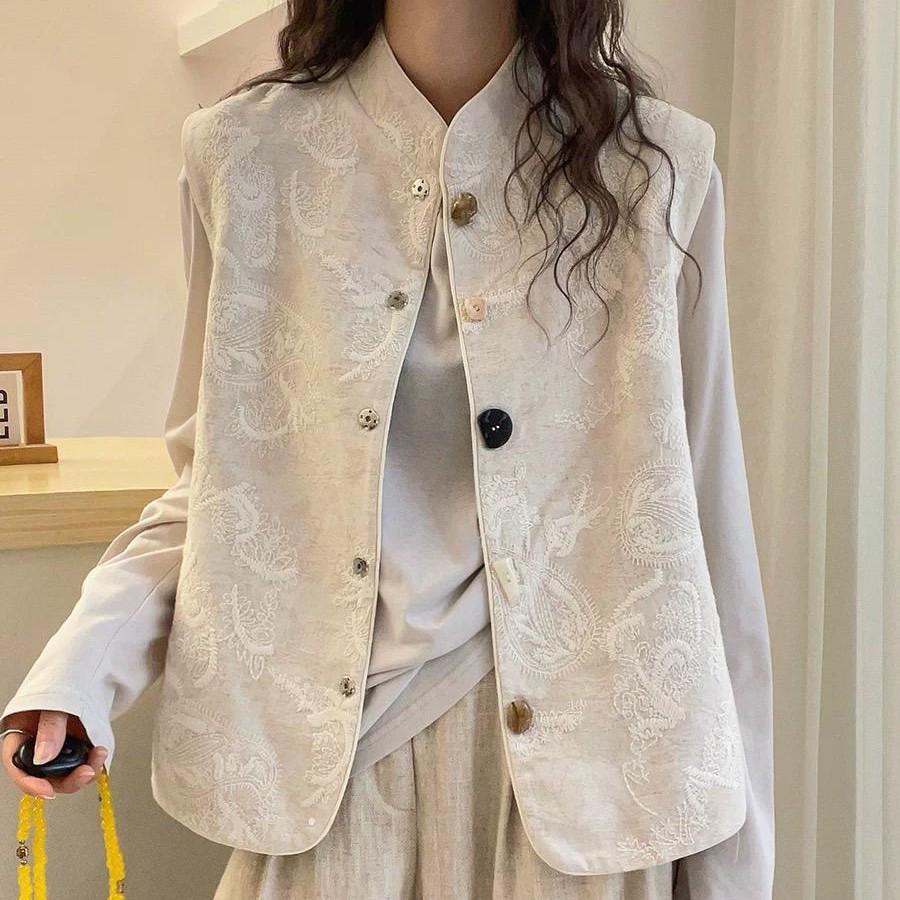 

2025 Высококачественный жаккардовый китайский жилет для женщин - Национальный стиль весенне-летняя верхняя одежда Extra Large слоновая кость