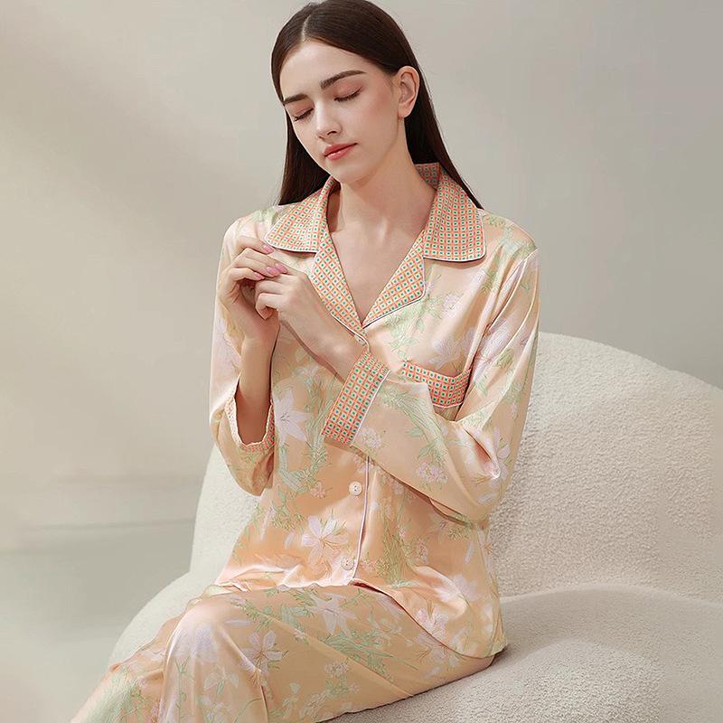 Spring and Autumn French Sweet Girl Sense of Floral Simulation Silk Pajamas Homewear Women Long-Sleeved Long Pants Homewear