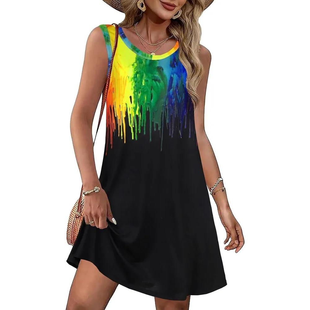 Women's Off Shoulder Sleeveless Crew Neck Mini Dress Retro Print Loose Casual Summer Fashionable Comfortable Leisure Vacation Daily Dress