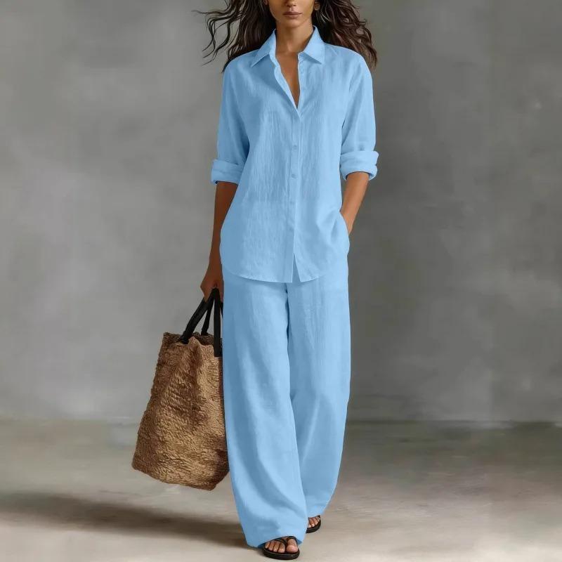 Fashion Linen Shirt Long Sleeved Women's Set Spring Autumn Loose Wide Leg Trousers Female Office Set