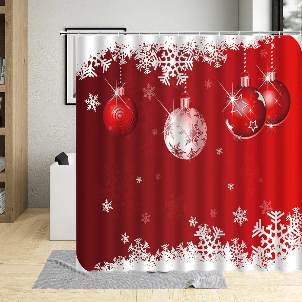 Merry Christmas Shower Curtain Santa Claus Elk Snow Scenery Tree Holiday Gift Red Decor Wall Cloth Bathroom Screen Curtains Sets