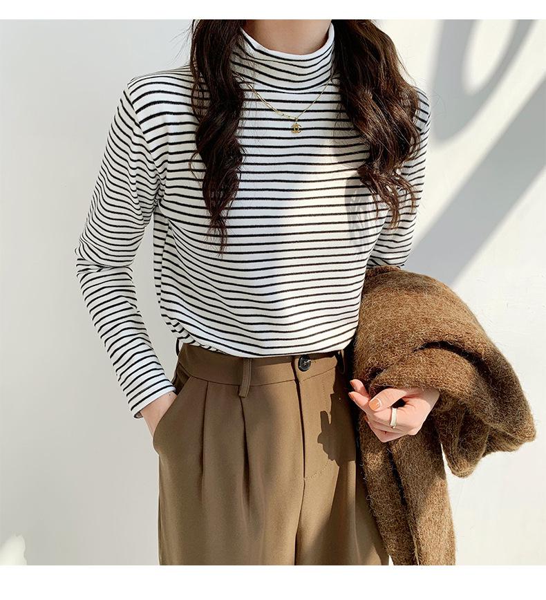 Women's Striped Half-High Neck Base Layer Top - Cozy Autumn/Winter Korean Style Innerwear