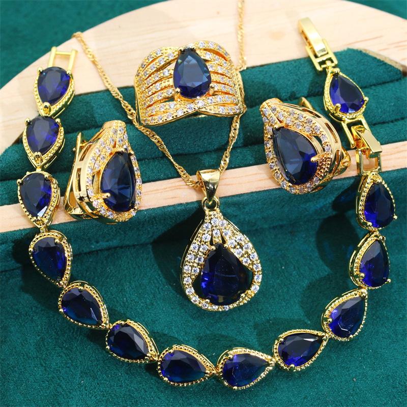 

Комплект женских украшений из циркония с бриллиантами, европейский и американский стиль, ожерелье, комплект из драгоценных камней, серьги, ретро-комплект в синем цвете 10 yards