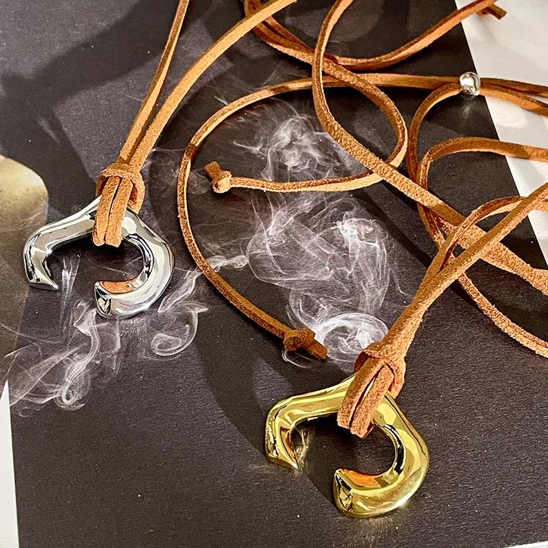 U-Shaped Horseshoe Metal Pendant Necklace Female Niche Design Coffee Colored Leather Rope Long Sweater Chain