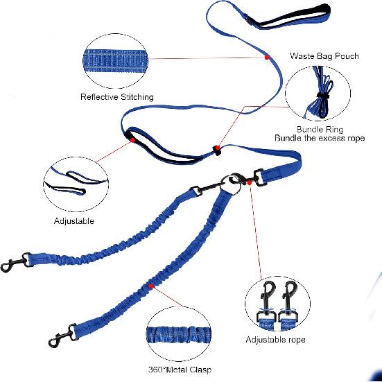 Dual Dog Leash, Double Dog Leash, 360° Swivel No Tangle Dog Walking Leash for 2 Dogs up to 200lbs, Comfortable Adjustable Dual Padded Handles (Royal