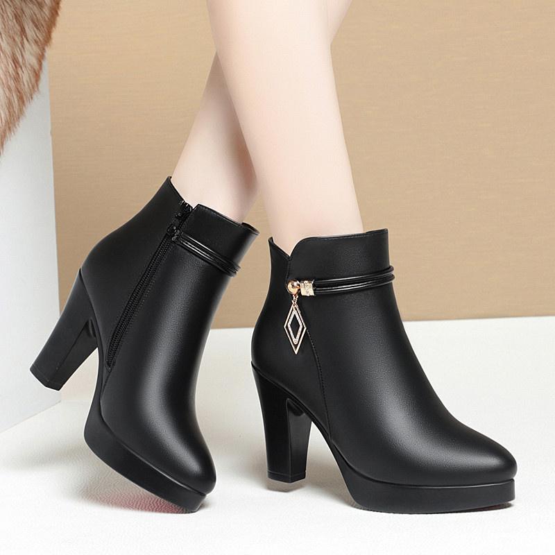 2024 Autumn Winter New High-heeled Short Boots Women's Thick-heeled Ankle Boots High Heel Shoes Warm Plush Boots