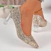 European and American fashion transparent crystal heel thick heel high heel light mouth pointed head sexy nightclub shining sequins single shoes 