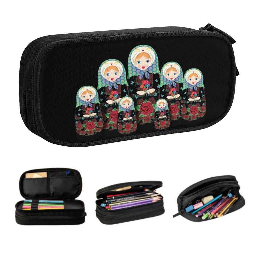Custom Korean Beautiful Matryoshka Doll Family Pencil Case for Girls Russian Art Large Storage Pen Box Bag School Accessories