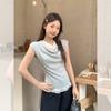 Gentle and Pure Lace Splicing Swing Neck Small Flying Sleeve T-shirt Women's Summer New Pleated Thin Slim Top