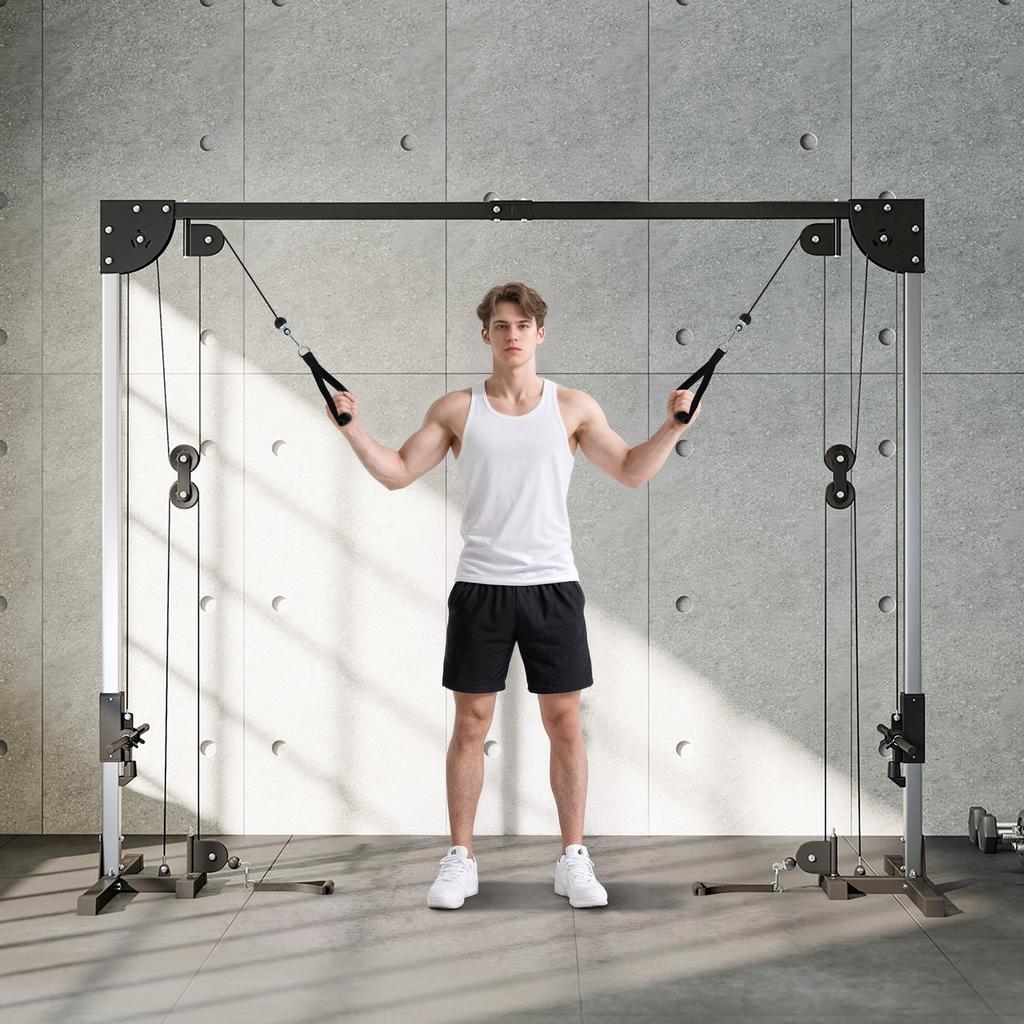 Academias Domésticas Multifuncionais com Sistema de Polia de Cabo, Máquina Crossover de Cabos com 4 Pegas para Treinamento de Força de Corpo Inteiro, Power Rack para Treino em Casa, Preto