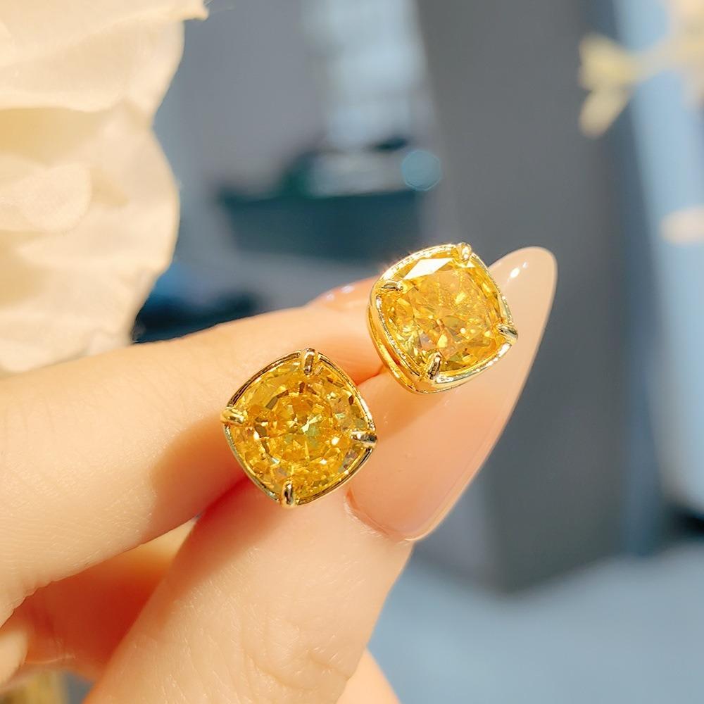Women Jewelry Set Luxury Yellow Diamond Ice Cut Purple Cushion Pendant Necklace Square Ring Gemstone Earrings