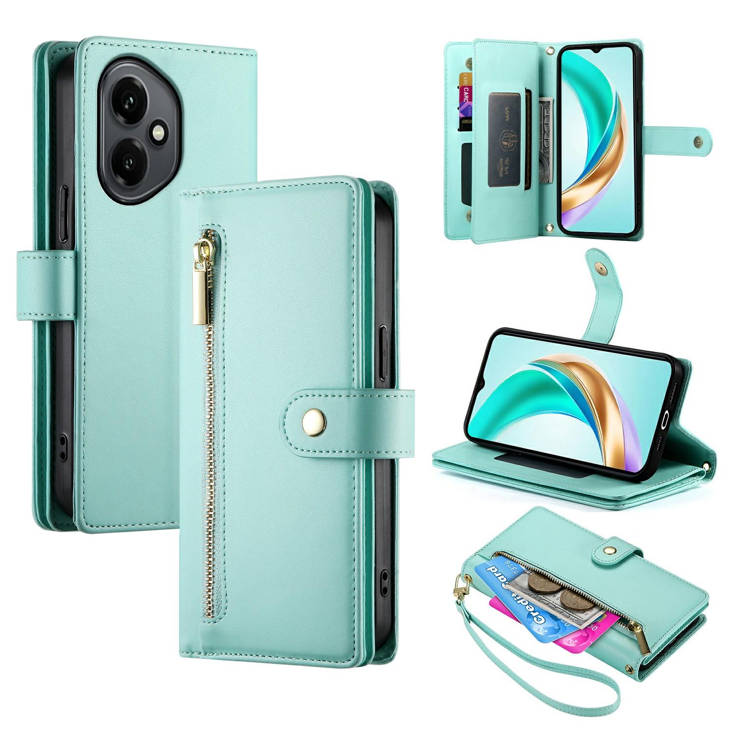 

DF-011 For Honor 400 5G (Global) Case Zipper Pocket Wallet Leather Phone Cover with Straps Mint Green