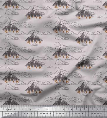 Gray Cotton Voile Fabric Cedar Tree & Mountain Nature Printed Fabric 1 Metre 56 Inch