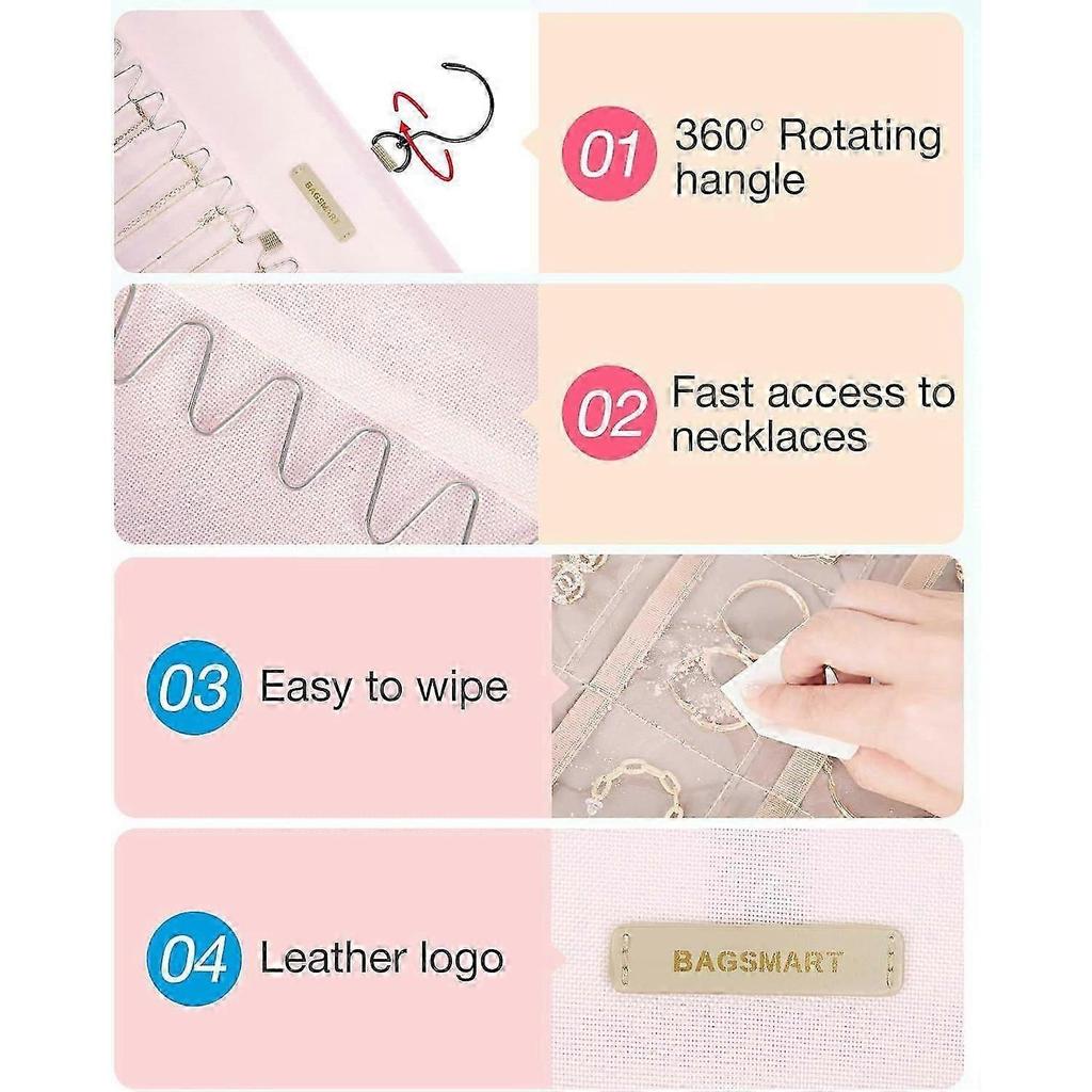 Double-sided Jewelry Storage Box for Earrings, Necklaces, Can Be Hung On Wardrobes, Walls, Doors, 1 Piece, Pink Less