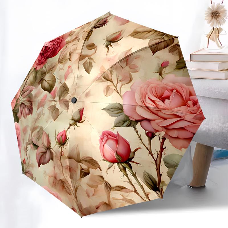 Flower Theme Folding Umbrella - Fashionable Auto-Open Design 8 Iron Ribs Plastic Handle Foldable Sunshade Perfect Christmas Gift