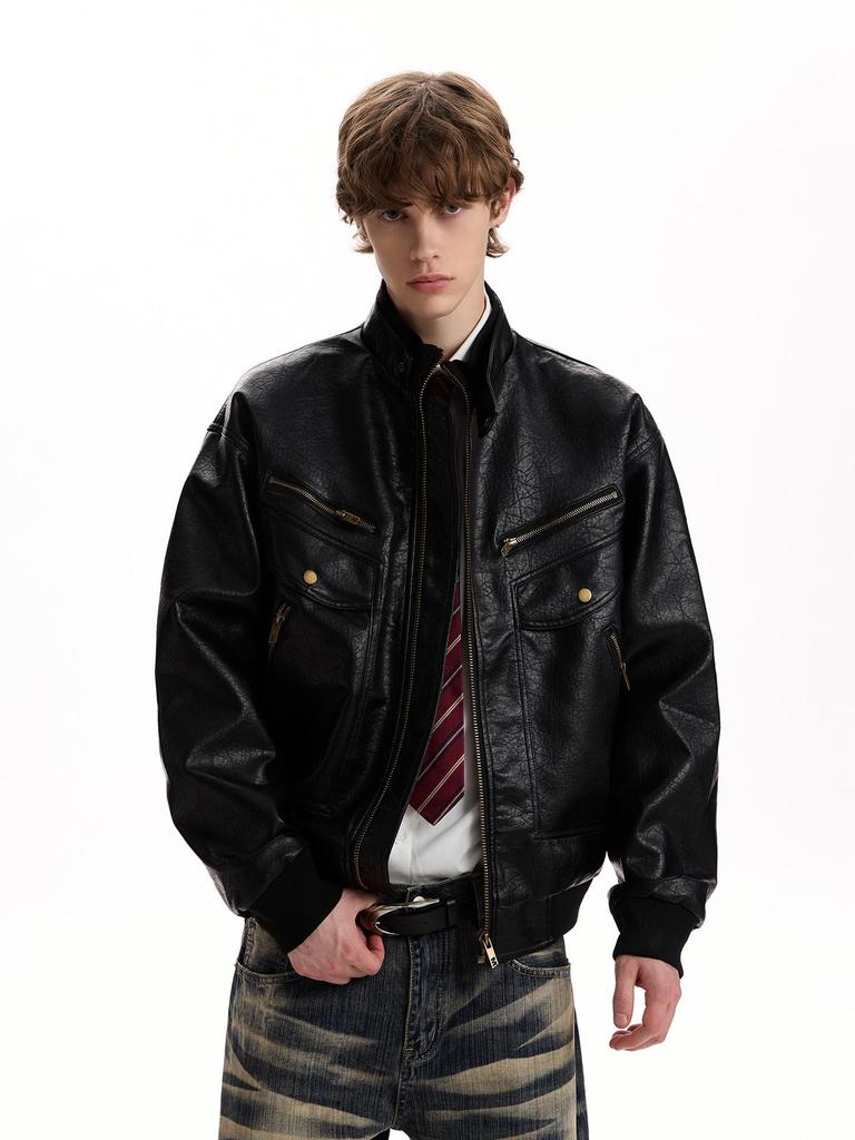 Men's Retro Litchi Pattern PU Leather Winter Motorcycle Jacket