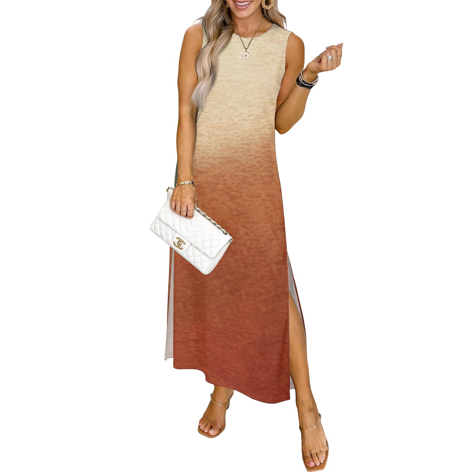 

Women Sleeveless Casual Maxi Dress Gradient Print Side Slit Pockets Long Length Summer Beachwear L помаранчевий