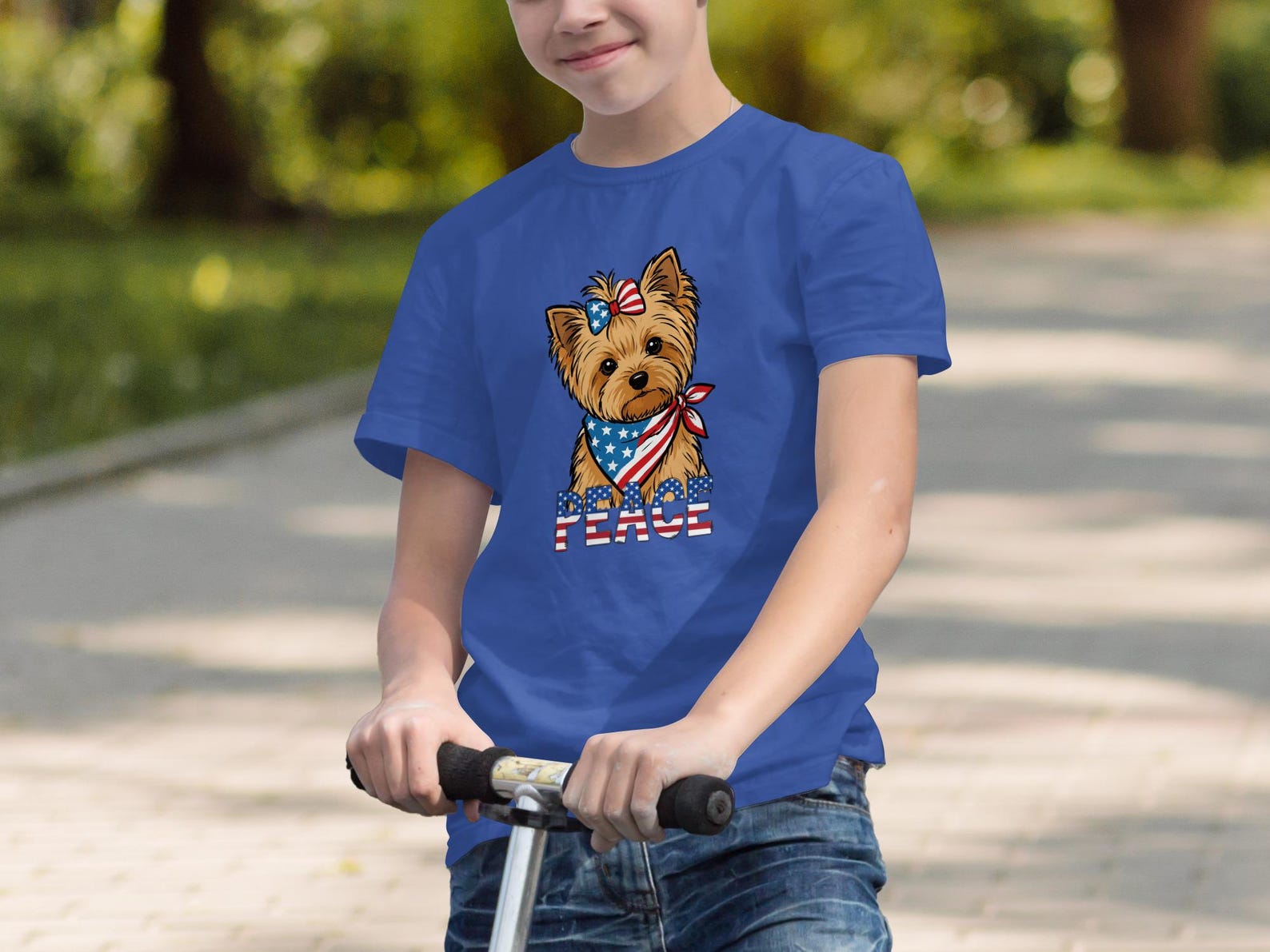 Yorkie Dog Patriotic Peace T-Shirt | American Flag Puppy Youth Tee 4XL
